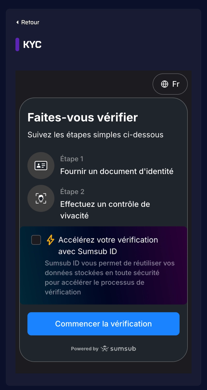&Eacute;cran de v&eacute;rification KYC sur Betory Casino montrant les &eacute;tapes d&rsquo;identification et de contr&ocirc;le de vivacit&eacute; avec Sumsub ID