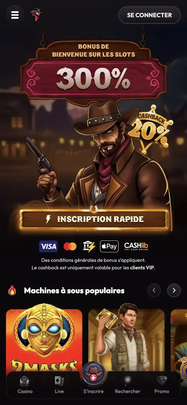 Version mobile de l'accueil du casino en ligne MadCasino avec le bonus de bienvenue de 300 % sur vos premiers dépôts pour jouer sur les machines à sous et le cashback de 20 % pour les VIP.