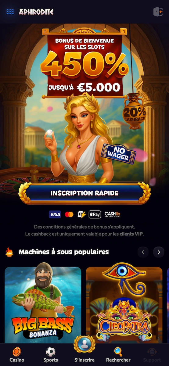 Vue mobile d’Aphrodite Casino avec le bonus de bienvenue et les catégories principales accessibles rapidement.