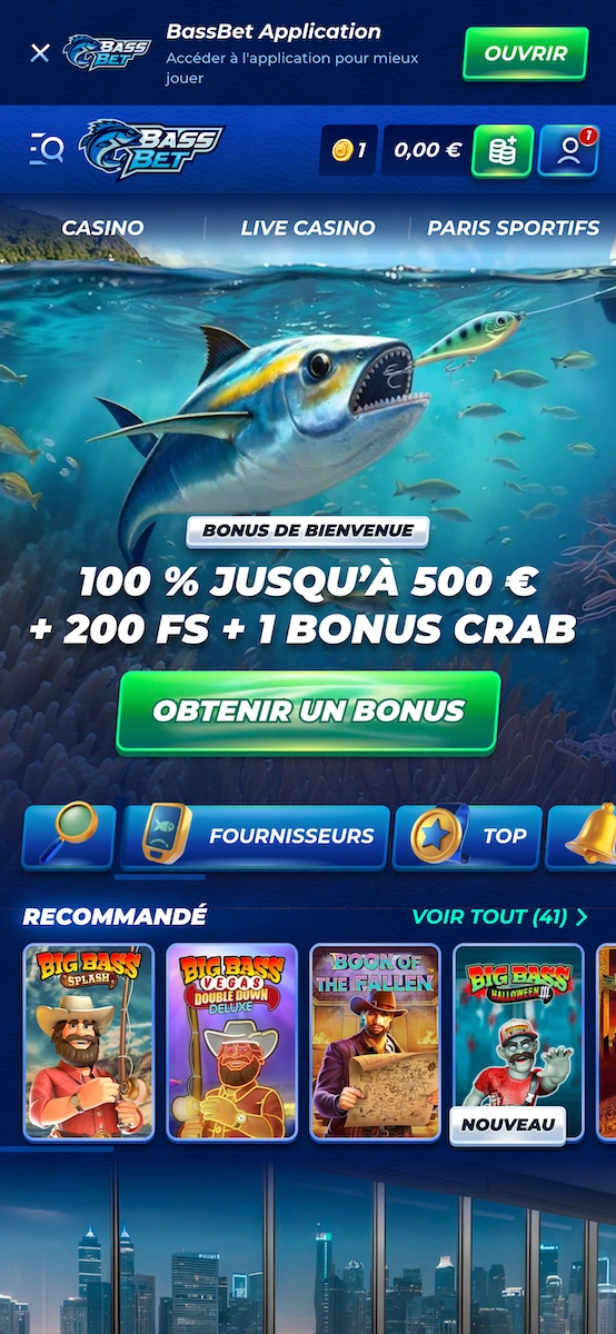 Version mobile du site BassBet Casino affichant le bonus de bienvenue et les jeux recommand&eacute;s