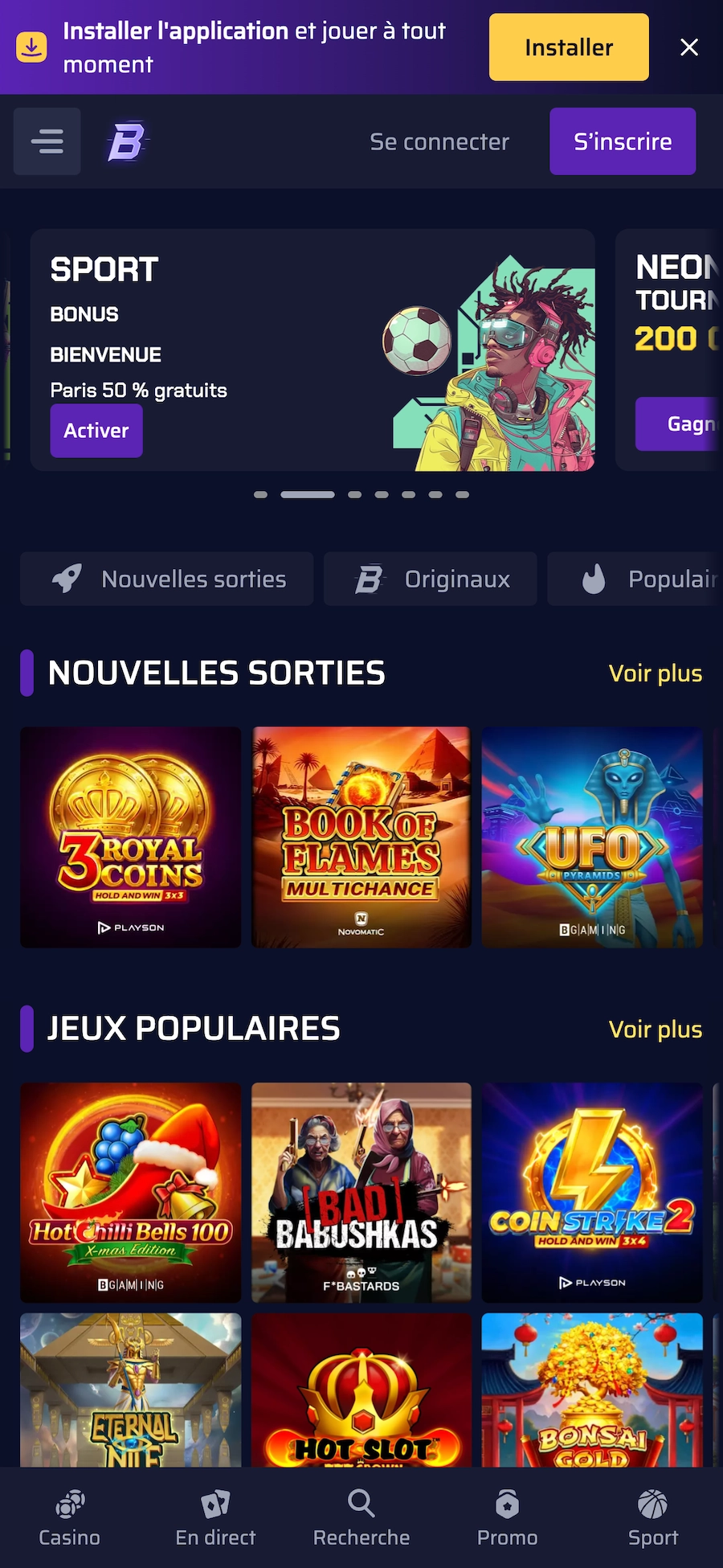 Interface mobile de Betory Casino montrant le bonus sport actif, les nouvelles machines &agrave; sous et le menu de navigation en bas de l&rsquo;&eacute;cran