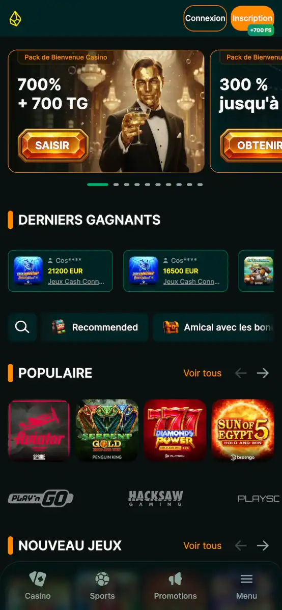 Capture d'écran de la version mobile de la page d'accueil de Luckygem Casino avec le pack de bienvenue 700 % et 700 tours gratuits, le carrousel des derniers gains et les jeux populaires.