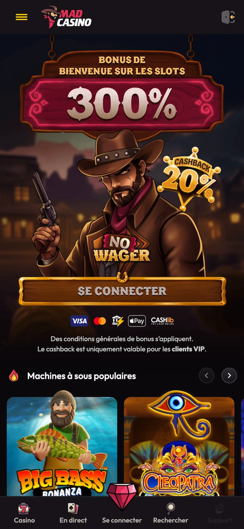 Version mobile de la page d’accueil MadCasino montrant le bonus 300 % et les jeux populaires comme Big Bass Bonanza