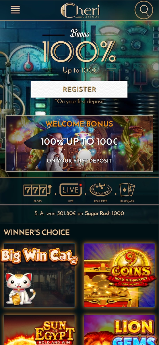 Version mobile du site de jeu en ligne Cheri Casino affich&eacute;e sur smartphone