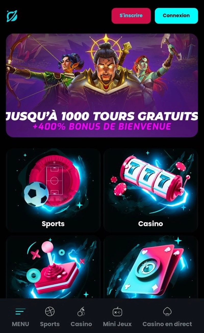 Version mobile de Cosmobet Casino avec interface simplifiée et accès rapide aux sections Sports, Casino et Mini Jeux