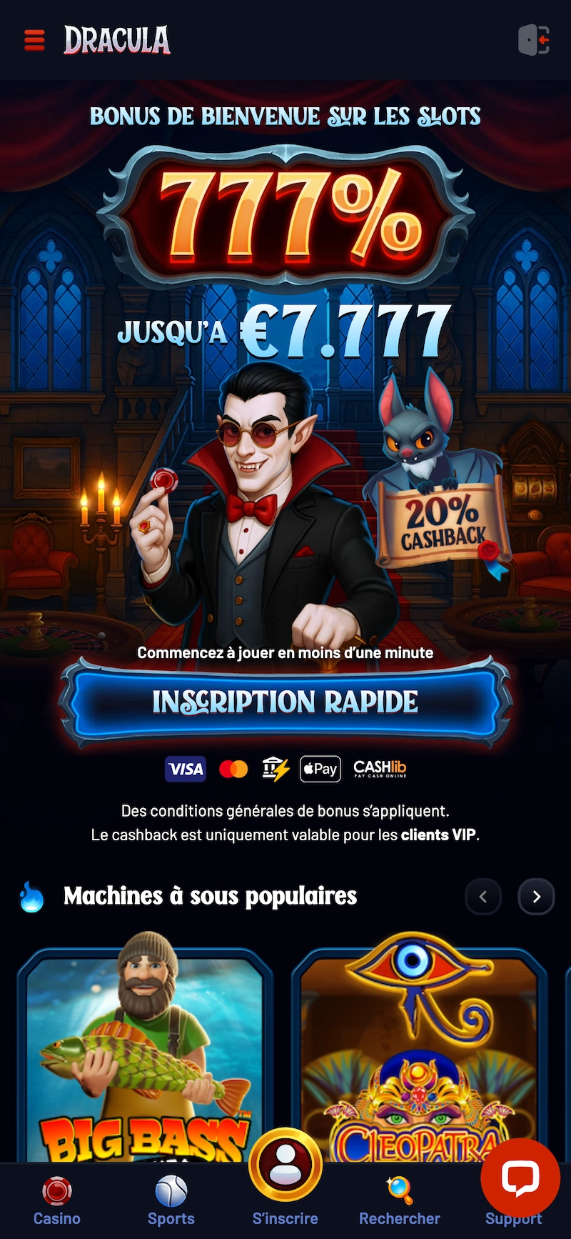 Version mobile de Dracula Casino affichant le bonus de bienvenue de 777 % jusqu&rsquo;&agrave; 7 777 &euro;, la mascotte du vampire et les machines &agrave; sous populaires comme Big Bass Bonanza et Cleopatra