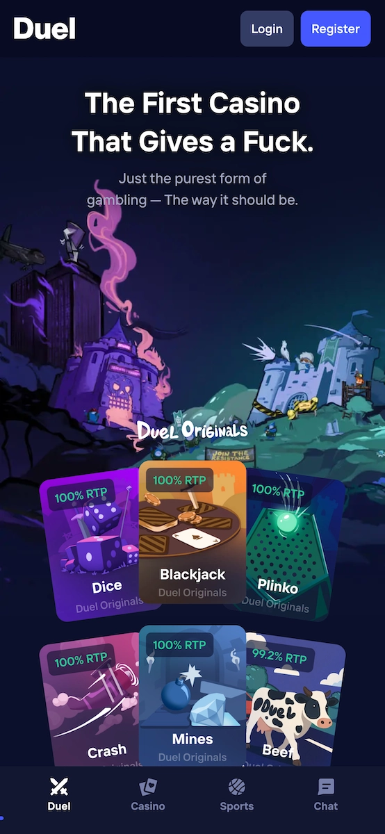 Version mobile de Duel.com affichant la page d&rsquo;accueil du casino avec les jeux originaux Dice, Blackjack, Mines et Plinko