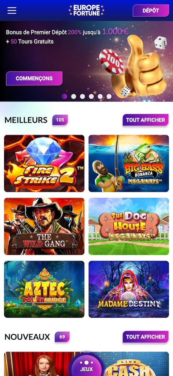 capture d'&eacute;cran de la version mobile du casino Europe Fortune en fran&ccedil;ais avec le bonus de bienvenue et les meilleurs et les nouveaux jeux du site.