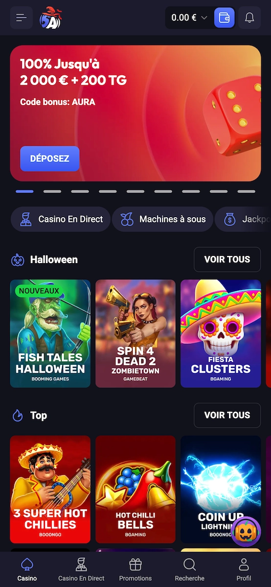 Version mobile fran&ccedil;aise de Spin Aura Casino affichant le bonus de bienvenue et les cat&eacute;gories de jeux