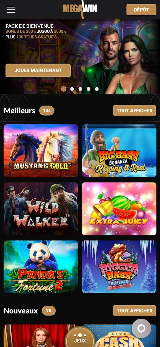 Version mobile du site Megawin Casino avec la banni&egrave;re bonus de bienvenue et les meilleurs jeux affich&eacute;s