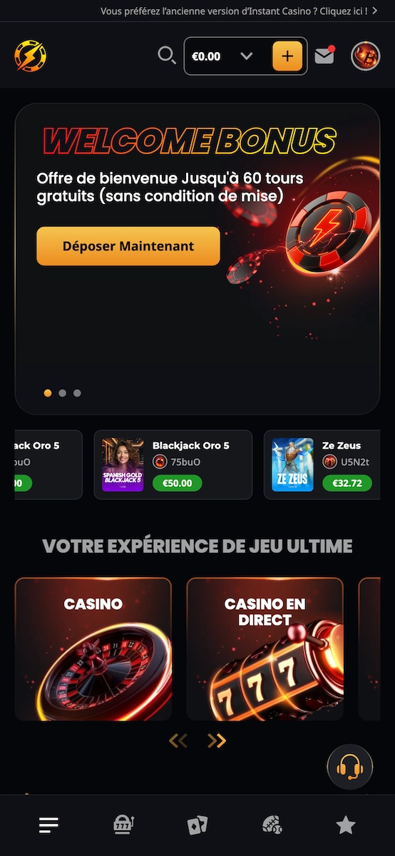 Interface mobile d&rsquo;Instant Casino avec accueil, bonus de bienvenue et acc&egrave;s rapide aux cat&eacute;gories de jeux