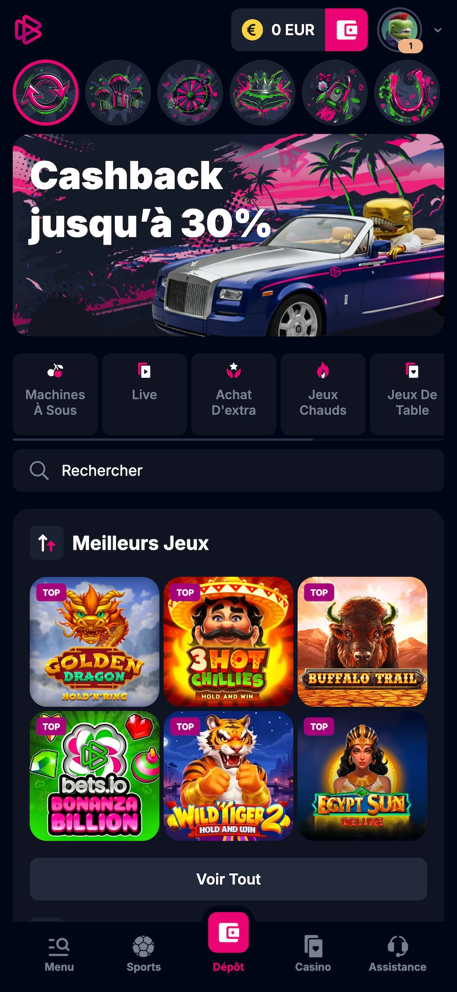 Version mobile de Betsio Casino sur iPhone affichant le cashback, les catégories de jeux et la sélection de slots