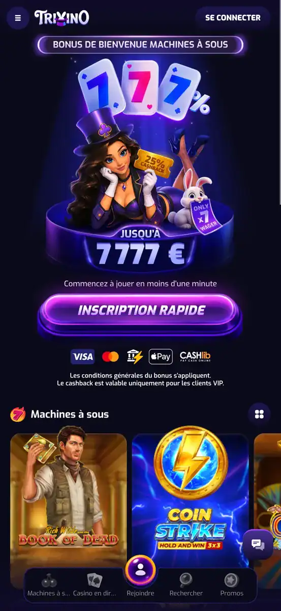 La version mobile du casino en ligne trixino sur iphone avec sa barre de navigation fixe bas l'écran.