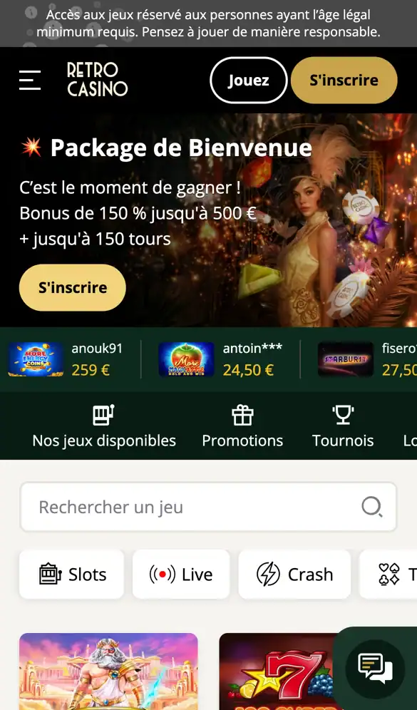 Version mobile de Retro Casino sur iPhone, avec les filtres Slots, Live et Crash.