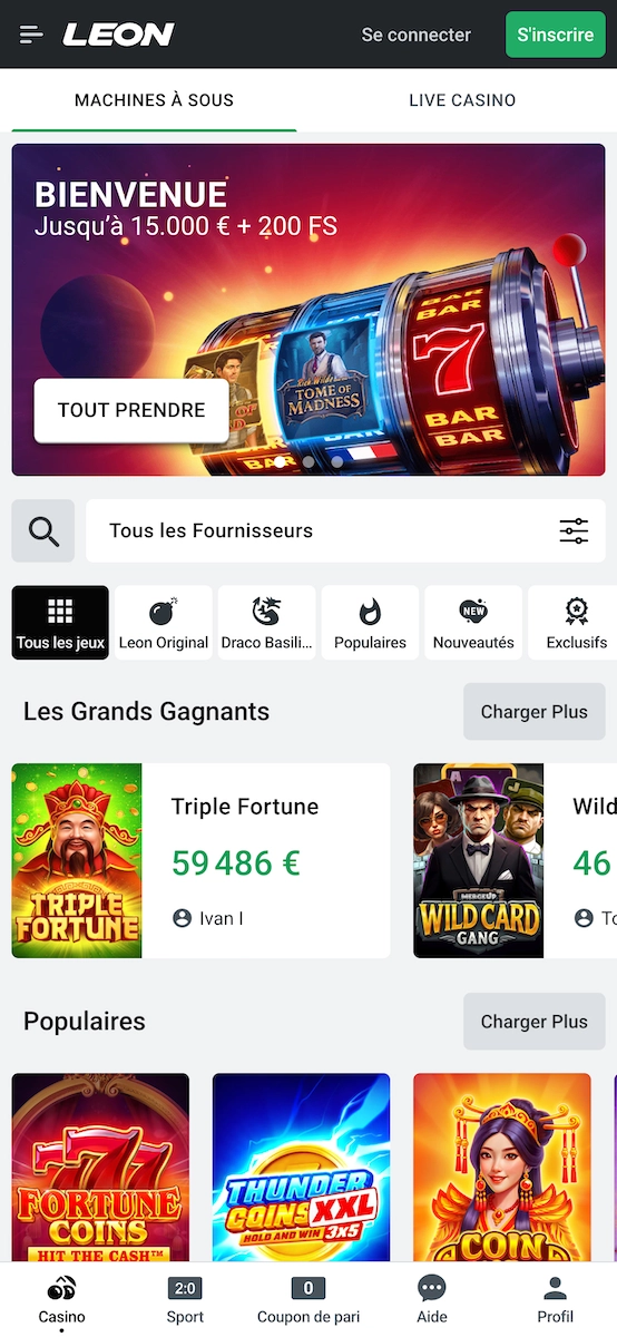 Interface mobile de Leon Casino avec bonus de bienvenue et jeux populaires