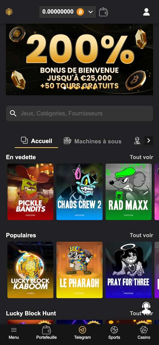 Version mobile du site Lucky Block casino avec bonus de bienvenue 200 % et s&eacute;lection de machines &agrave; sous populaires