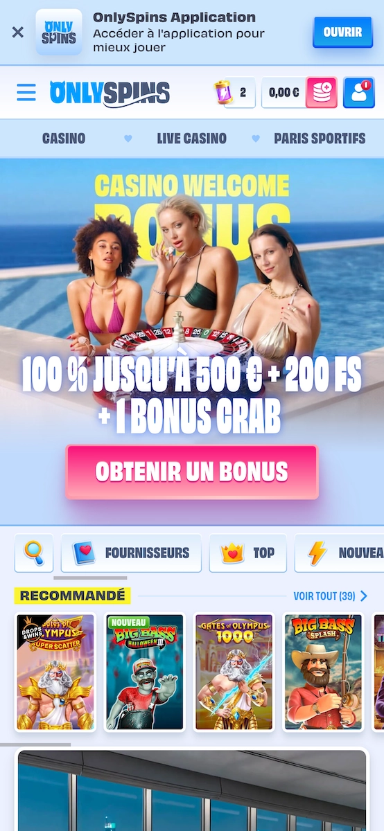 Version mobile de OnlySpins Casino affichant le bonus de bienvenue et les jeux recommand&eacute;s