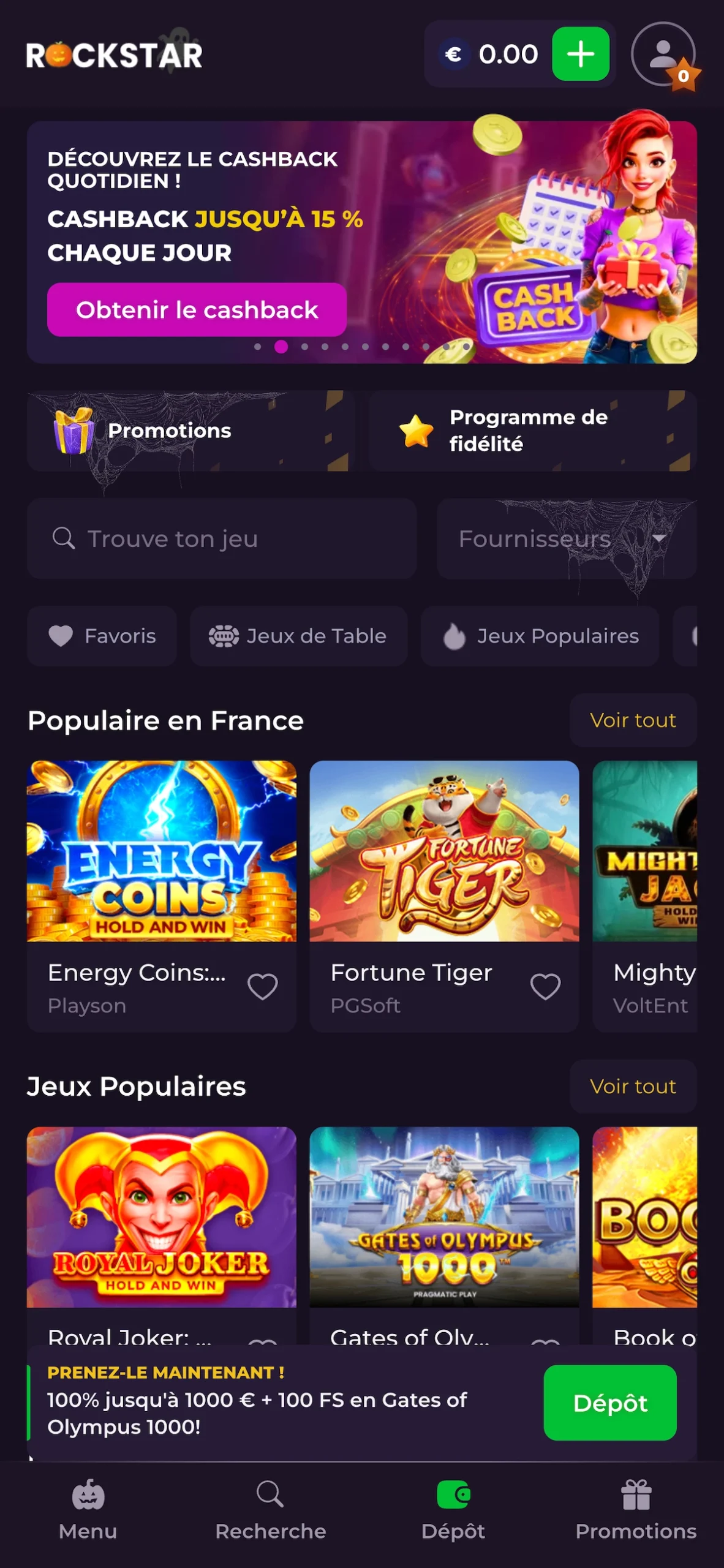 Version mobile de la page d&rsquo;accueil de Rockstar Casino montrant le cashback quotidien et les jeux populaires en France