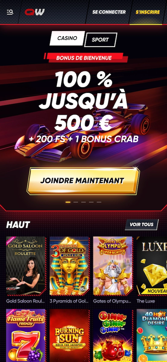 Version mobile de Quickwin Casino affichant le bonus de bienvenue et les machines &agrave; sous populaires