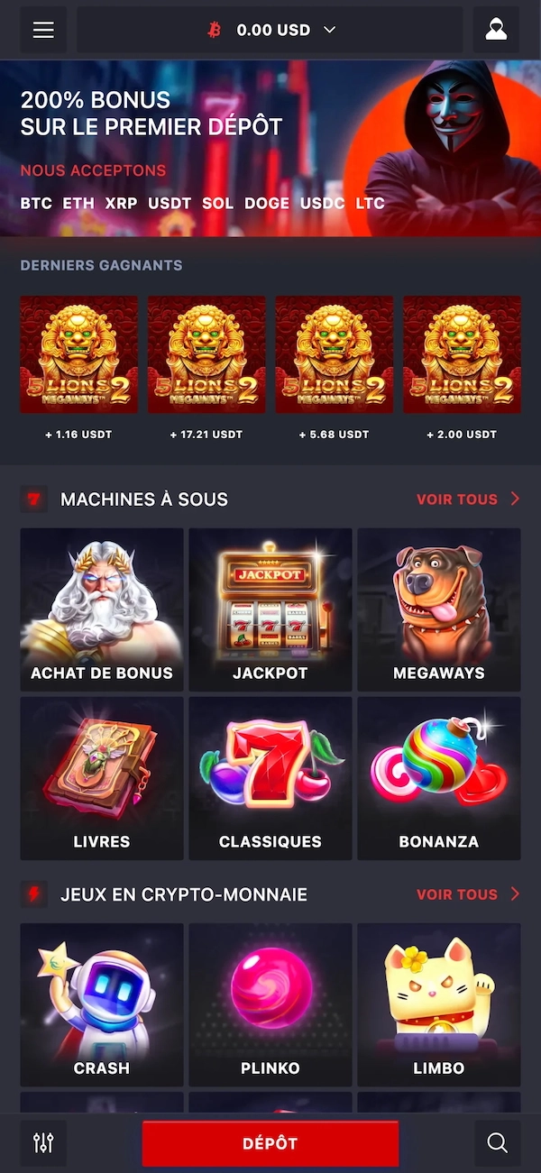 Version mobile d&rsquo;Anon Casino avec bouton d&eacute;p&ocirc;t rouge et jeux crypto sur smartphone