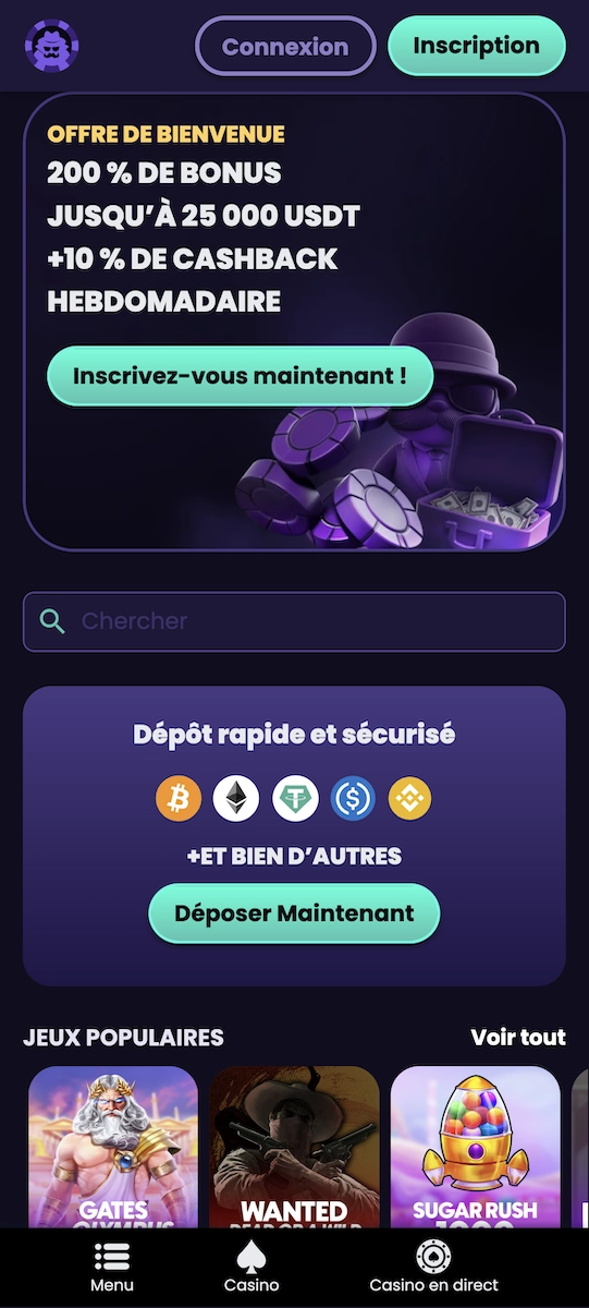 Version mobile du site No KYC Casino avec bonus de bienvenue et jeux populaires accessibles sur smartphone
