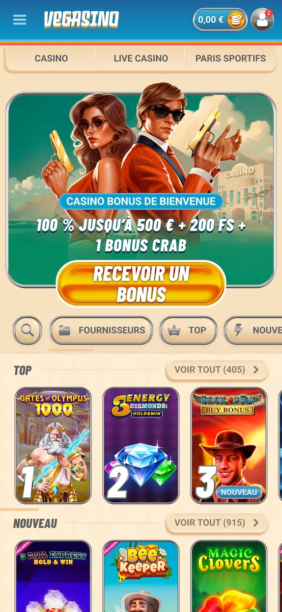 Version mobile de Vegasino Casino montrant la page d&rsquo;accueil avec bonus et jeux