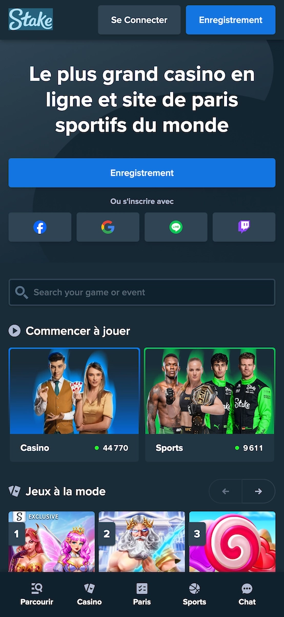 Version mobile du site Stake montrant la page d’accueil avec inscription rapide, accès au casino et paris sportifs