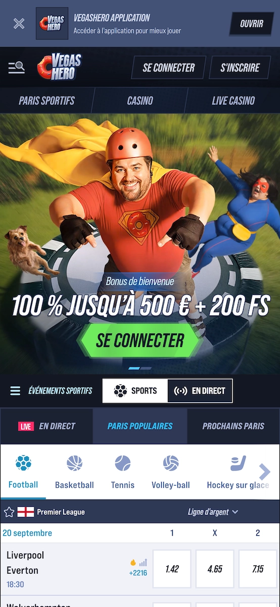 Version mobile du site Vegashero Casino affichant le bonus de bienvenue et les paris sportifs en direct.