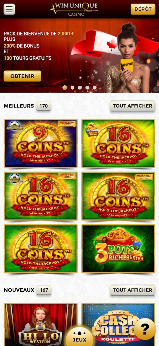 Version mobile de Win Unique Casino affichant le bonus de bienvenue et les jeux populaires sur smartphone