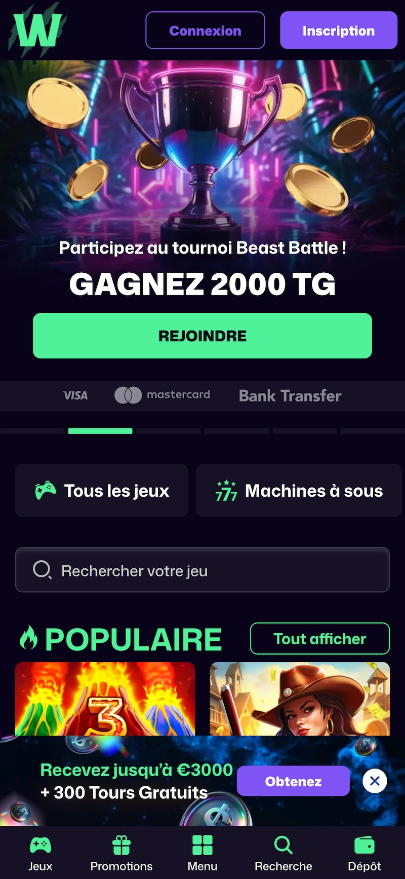 Version mobile de WinBeast Casino affichant la page d&rsquo;accueil avec le tournoi Beast Battle, bouton rejoindre et jeux populaires visibles