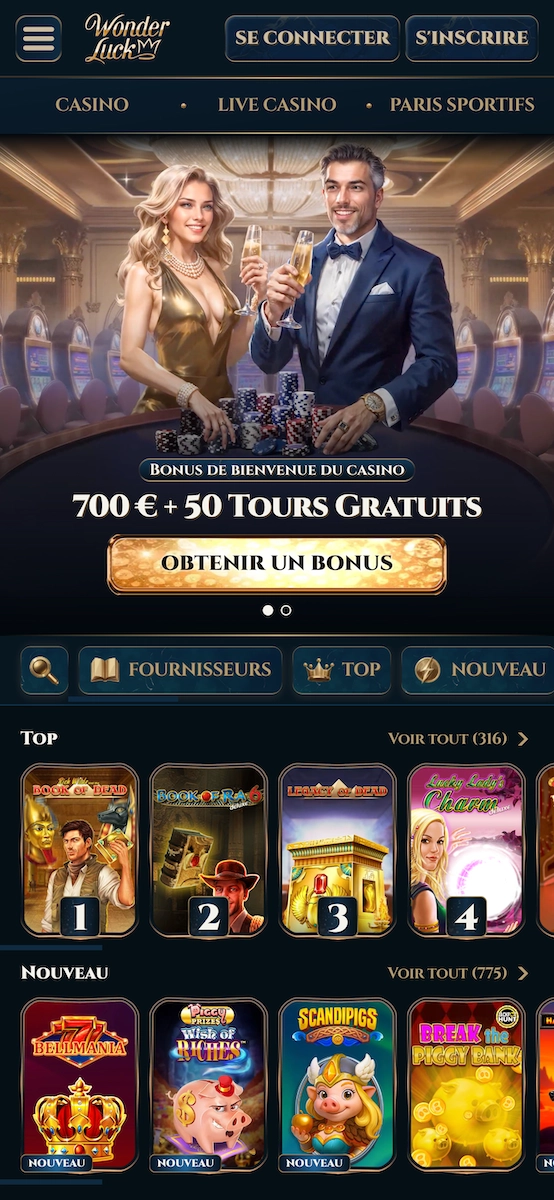 Version mobile de Wonderluck Casino affichant le bonus de bienvenue 700 &euro; + 50 free spins et les cat&eacute;gories de jeux