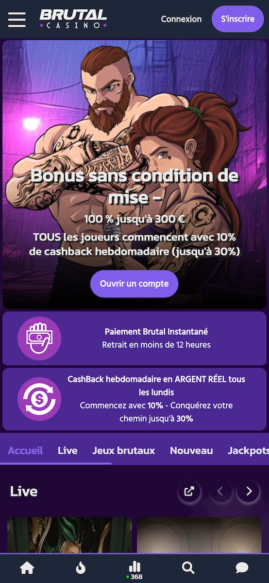 Page d&rsquo;accueil mobile de Brutal Casino montrant le bonus sans condition de mise et le menu de navigation.