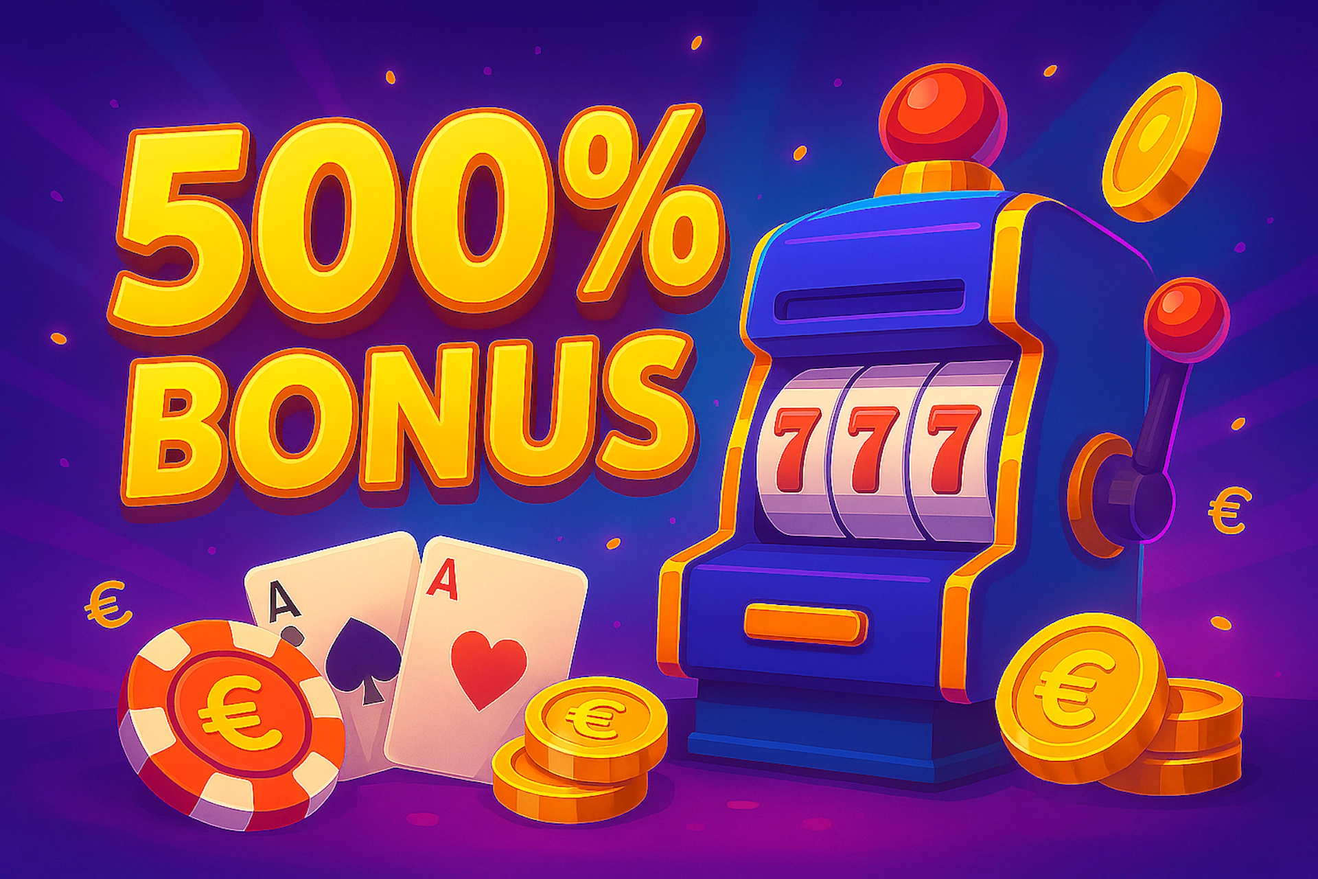 Affiche promotionnelle style cartoon avec texte "500 % BONUS", machine à sous et éléments casino en euros pour le site Casinotan