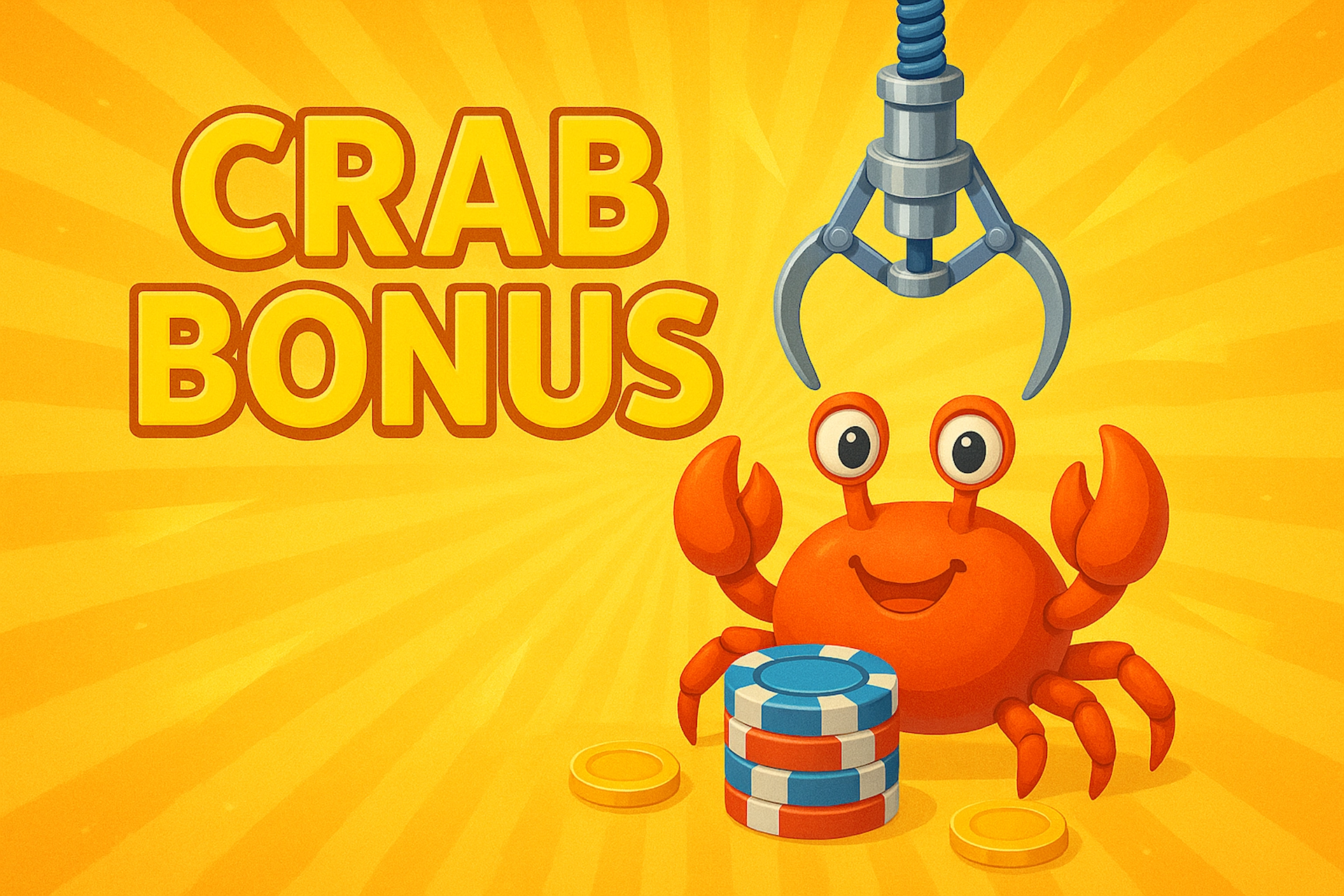 Illustration dynamique du bonus crab avec pince de machine, crabe cartoon, jetons de casino et fond jaune textur&eacute; pour attirer l&rsquo;attention