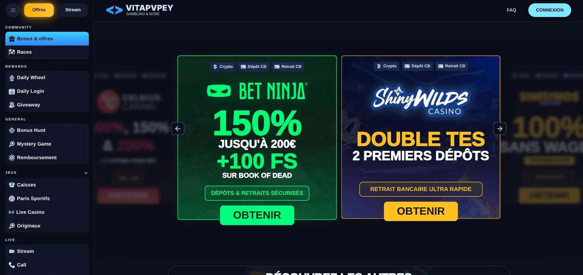 Interface du site VitaPvPey avec les offres partenaires Bet Ninja et Shiny Wilds Casino et leurs bonus de bienvenue.