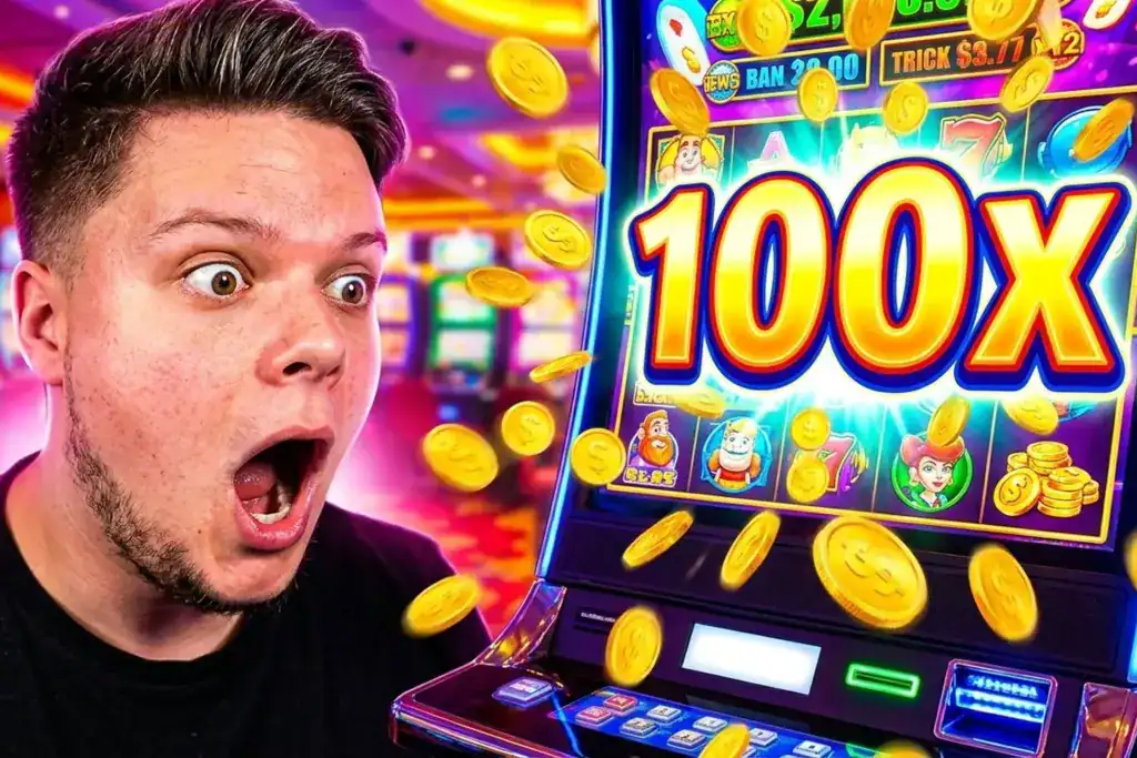 Illustration du streamer casino VitaPvPey avec une machine à sous affichant 100x et des pièces dorées sur fond violet et rose.