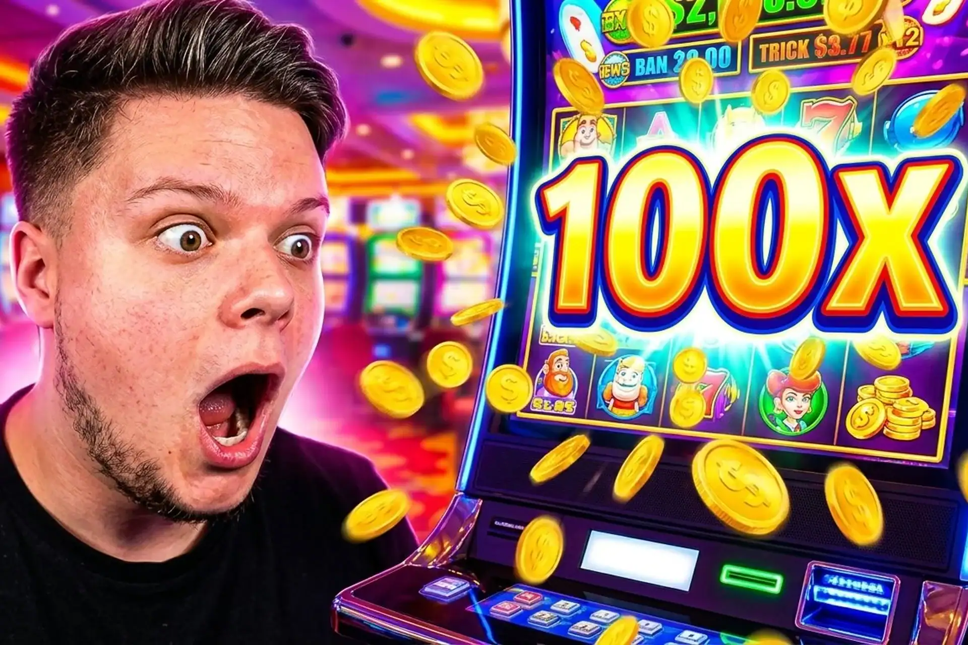 Illustration du streamer casino VitaPvPey avec une machine à sous affichant 100x et des pièces dorées sur fond violet et rose.