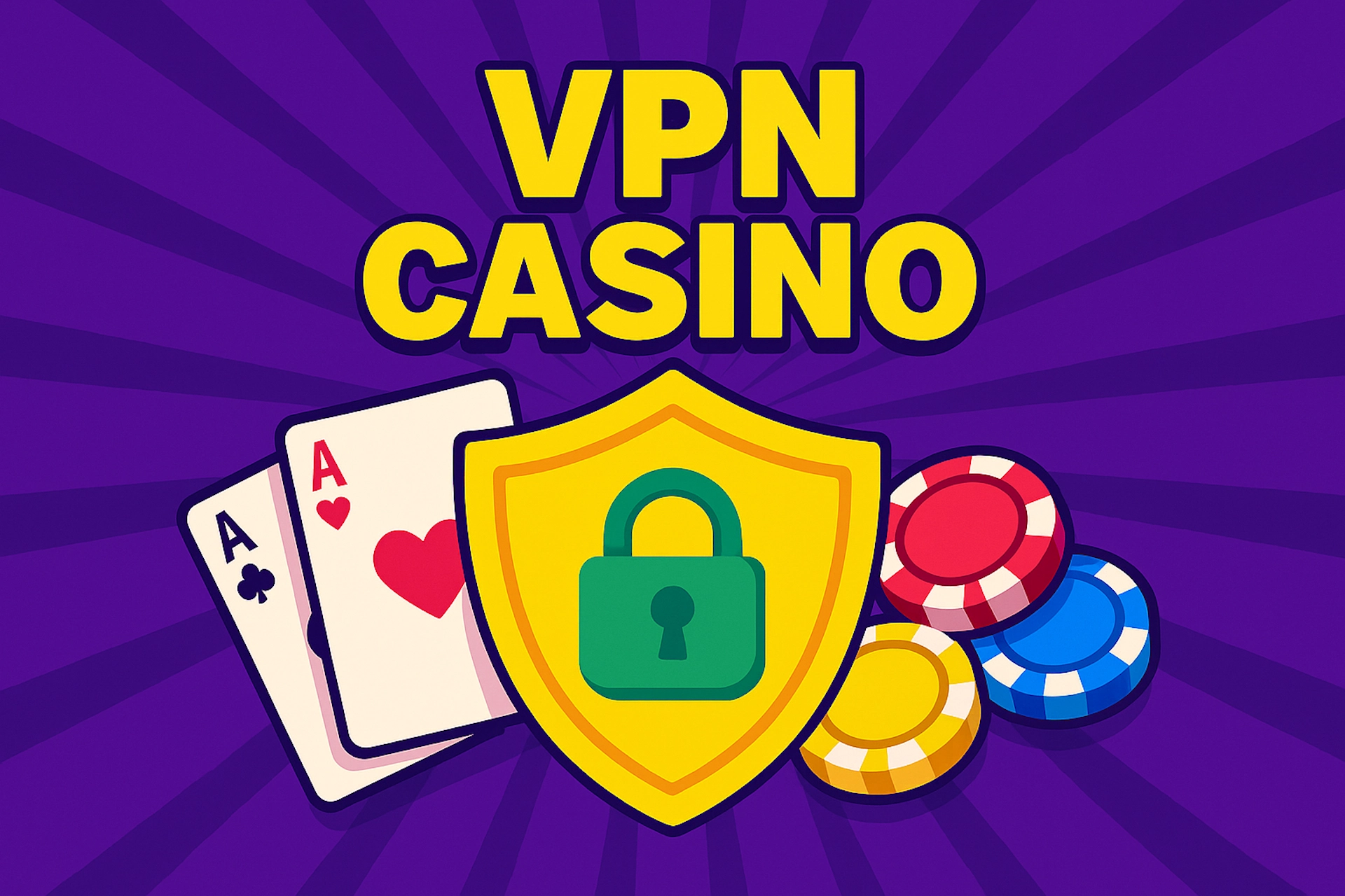 Illustration 1920x1280 cartoon fun avec texte jaune “VPN Casino”, bouclier jaune, cadenas vert, cartes As, jetons colorés sur fond violet dynamique rayonnant