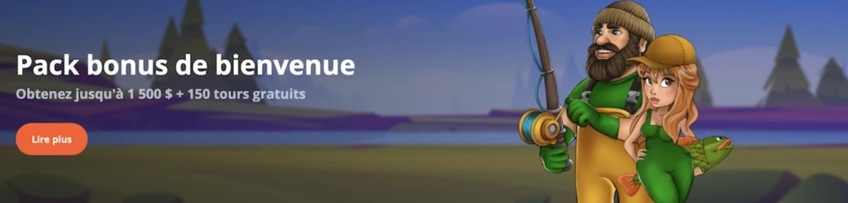 Capture d&rsquo;&eacute;cran du casino Vulkan Vegas pr&eacute;sentant le pack bonus de bienvenue, avec une illustration de p&ecirc;cheurs et une offre promotionnelle allant jusqu&rsquo;&agrave; 1 500 $ et 150 tours gratuits.