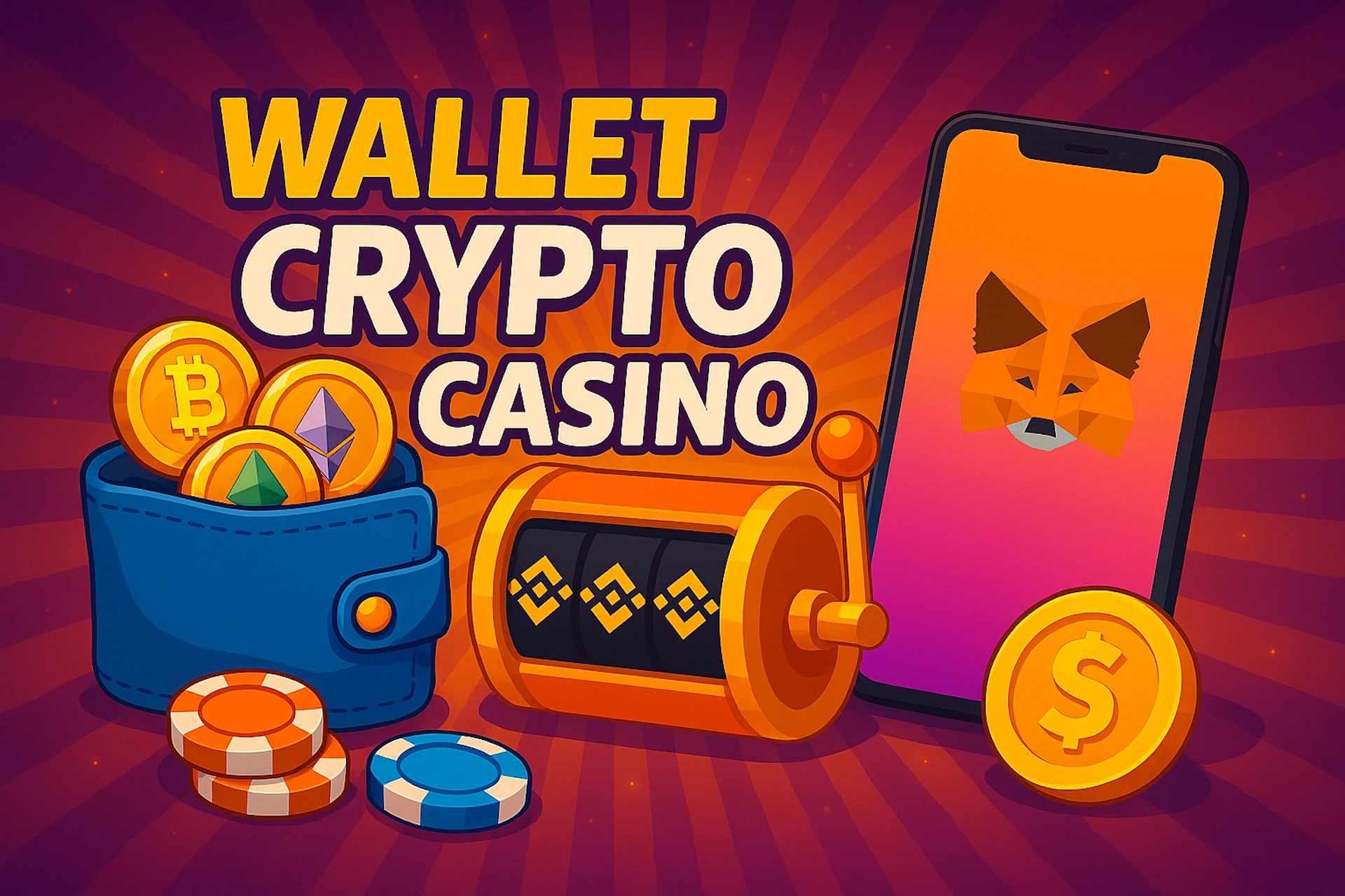Illustration 1920x1280 cartoon avec texte « WALLET CRYPTO CASINO », smartphone affichant le logo Metamask, machine à sous avec icônes Binance, portefeuille rempli de pièces Bitcoin, Ethereum, USDT, jetons et pièce dollar sur fond violet-orange lumineux style Casinotan.