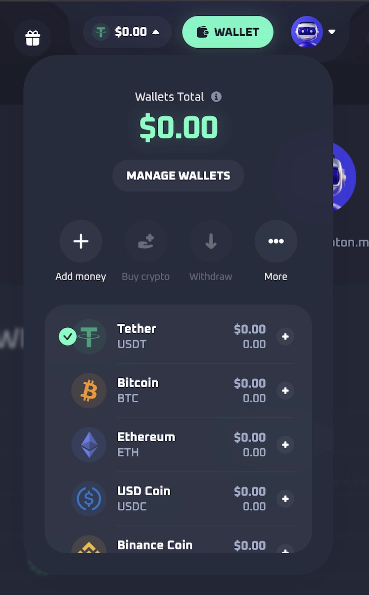 crypto wallet sur l'espace compte du casino en ligne Thrill