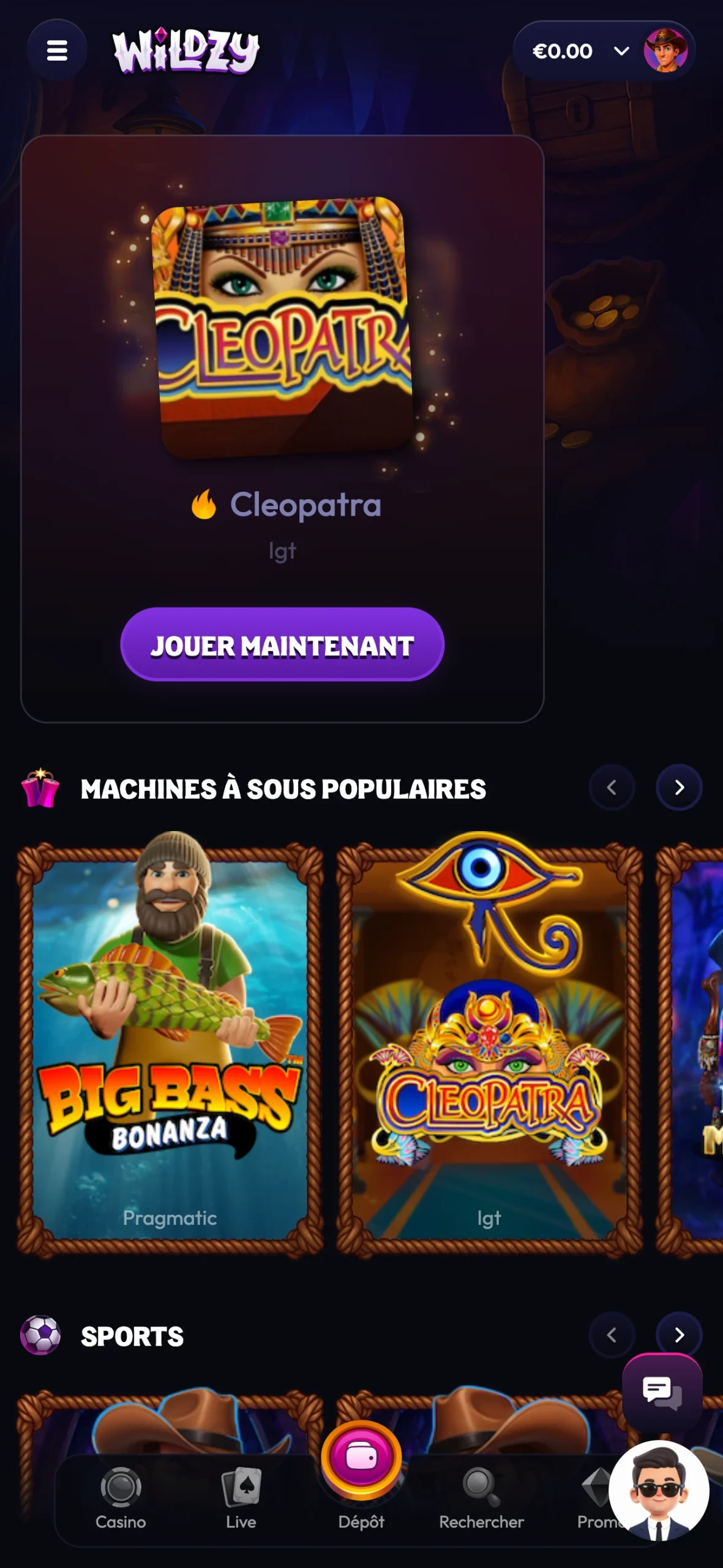 Interface mobile du casino Wildzy sur smartphone sans application &agrave; installer
