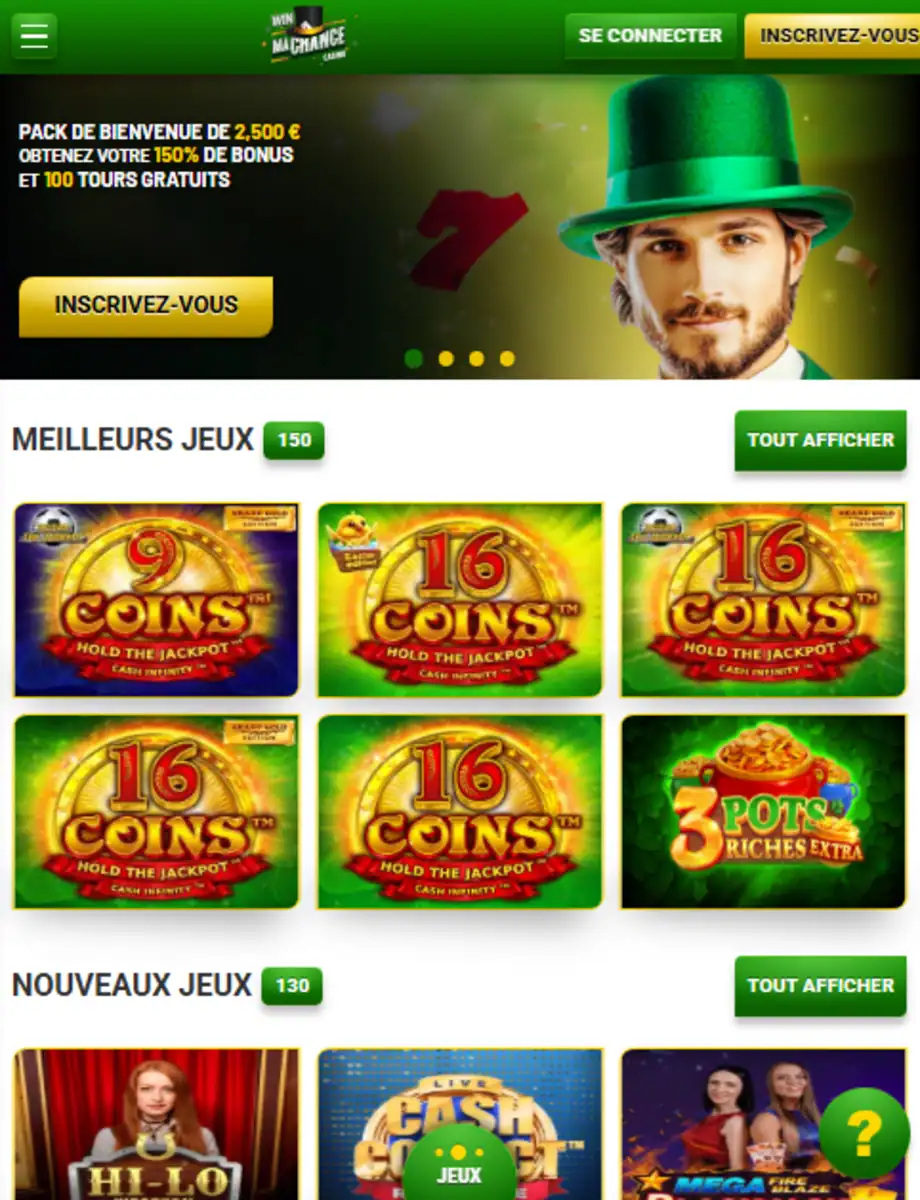 Screenshot du site winmachancecasino en mode aplication mobile, la version mobile du site win ma chance casino