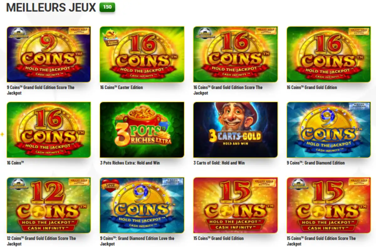 Screenshot du site winmachancecasino qui montre les jeux auxquels on peut jouer sur le site