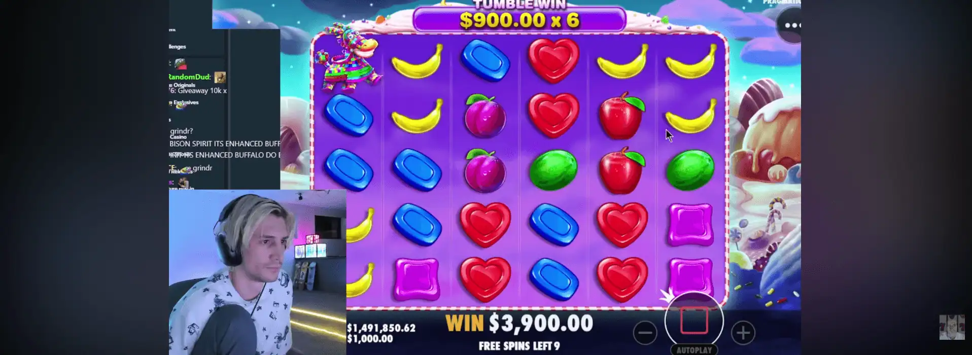 xQc en stream sur la machine à sous Sweet Bonanza sur Stake, avec un gain de 3 900 dollars et 9 tours gratuits restants.