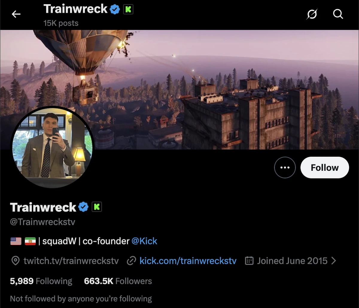page d'accueil du compte X de Trainwreckstv o&ugrave; l'on y voit la mention de "co-founder" de la plateforme Kick