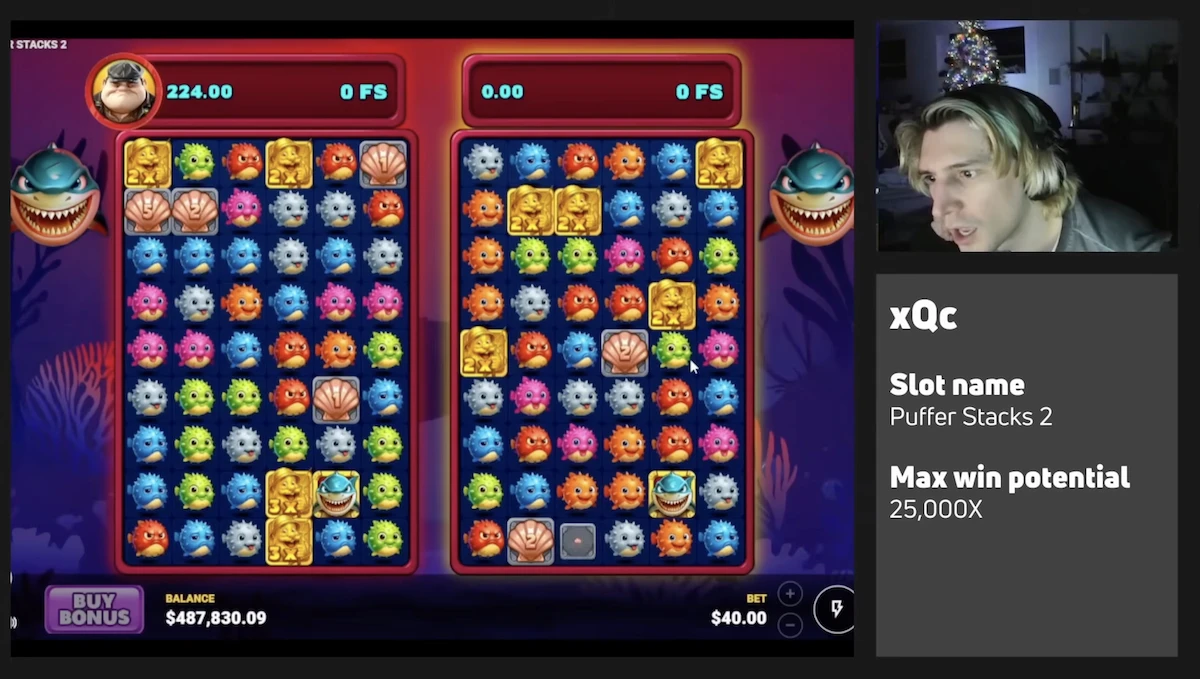 xQc en plein stream casino sur la machine &agrave; sous Puffer Stacks 2 avec mise &agrave; 40 dollars et balance &eacute;lev&eacute;e affich&eacute;e &agrave; l&rsquo;&eacute;cran