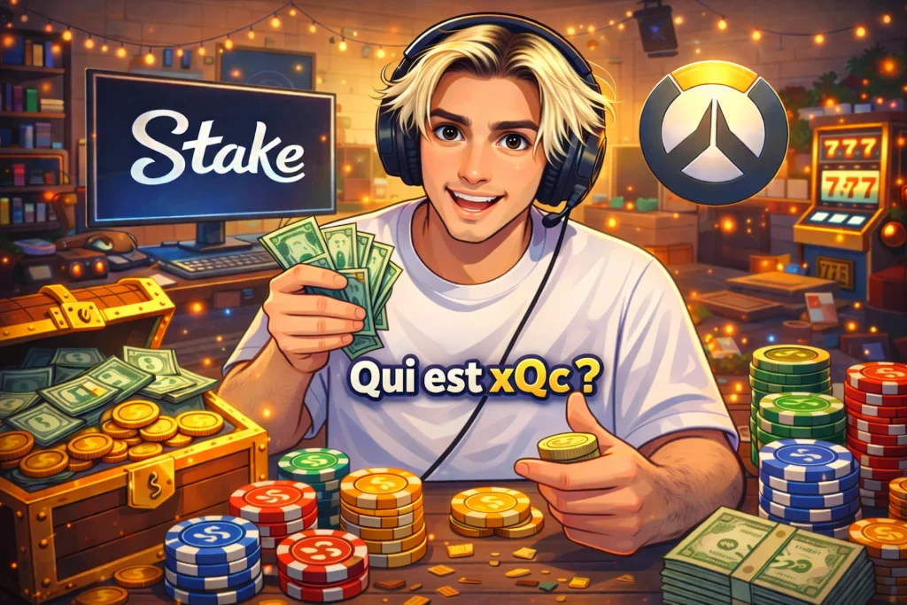 Illustration cartoon moderne de xQc dans sa chambre de streamer, portant un casque gaming, avec le texte « Qui est xQc ? » sur son t-shirt, entouré de jetons de casino, pièces d’or, machine à sous 777, logo Stake et logo Overwatch dans une ambiance colorée et lumineuse.